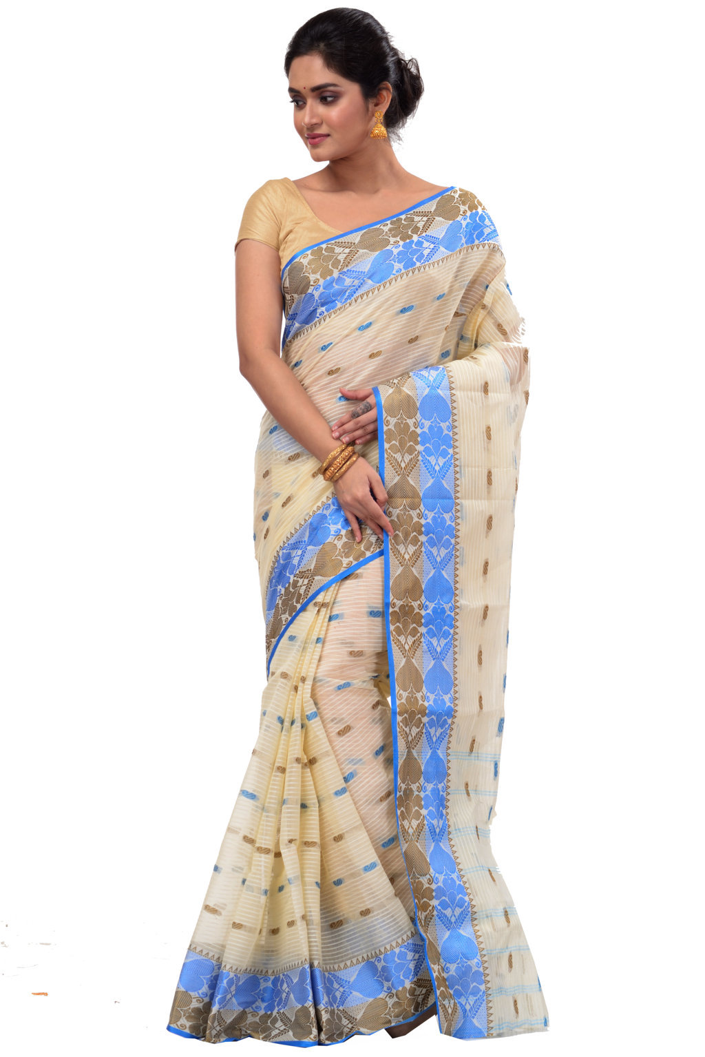 Blue Brown Pure Cotton Aged_Women Tant Saree (401)